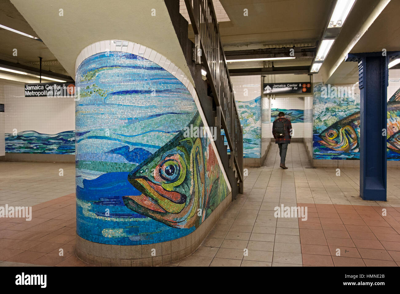 Subway art at the Essex Street Delancey Street Station on the F, J, M & Z lines in Manhattan, New York City. Stock Photo
