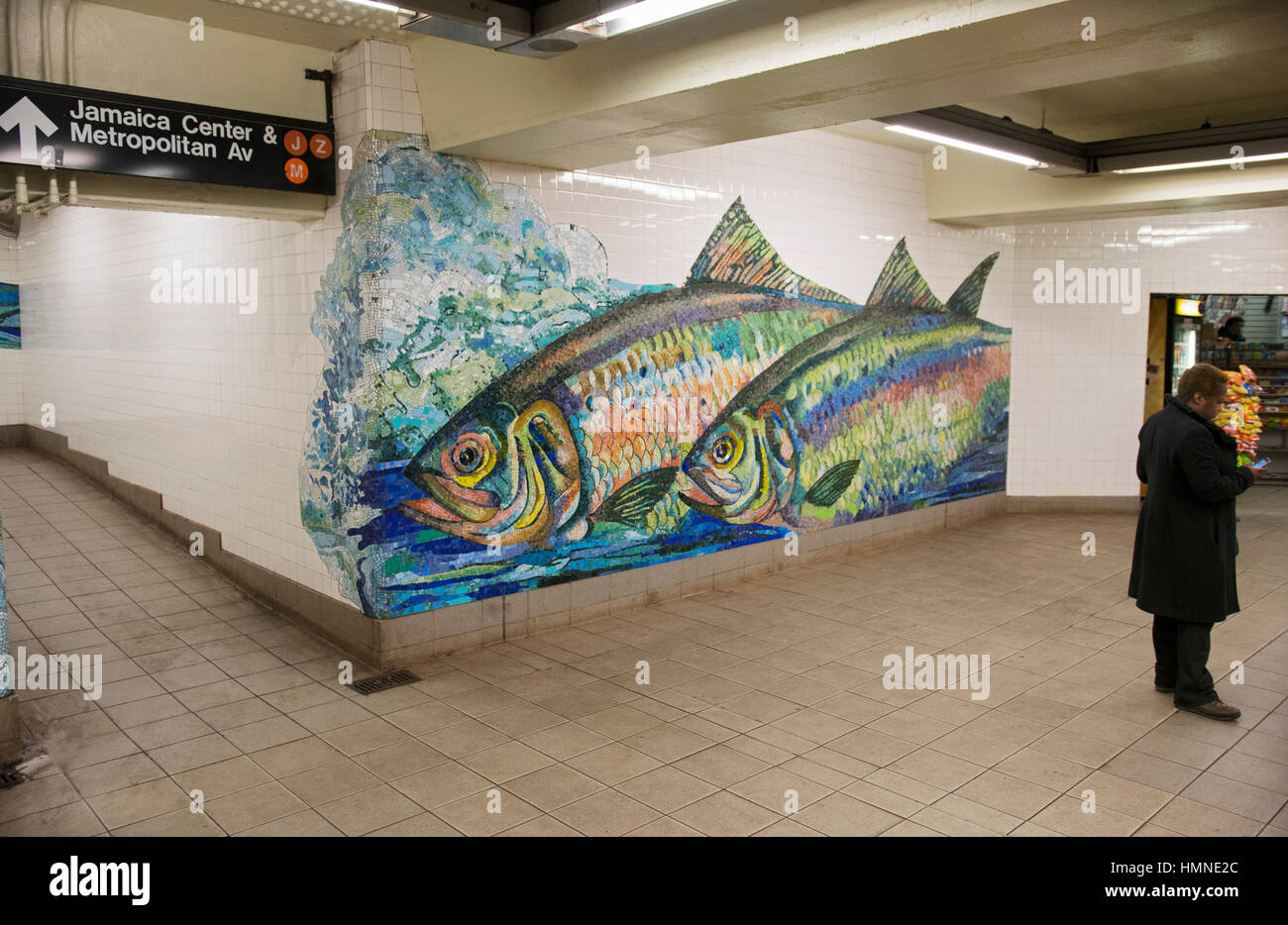 Subway art at the Essex Street - Delancey Street Station hub of the F, J, M & Z lines in Lower Manhattan, New York City. Stock Photo