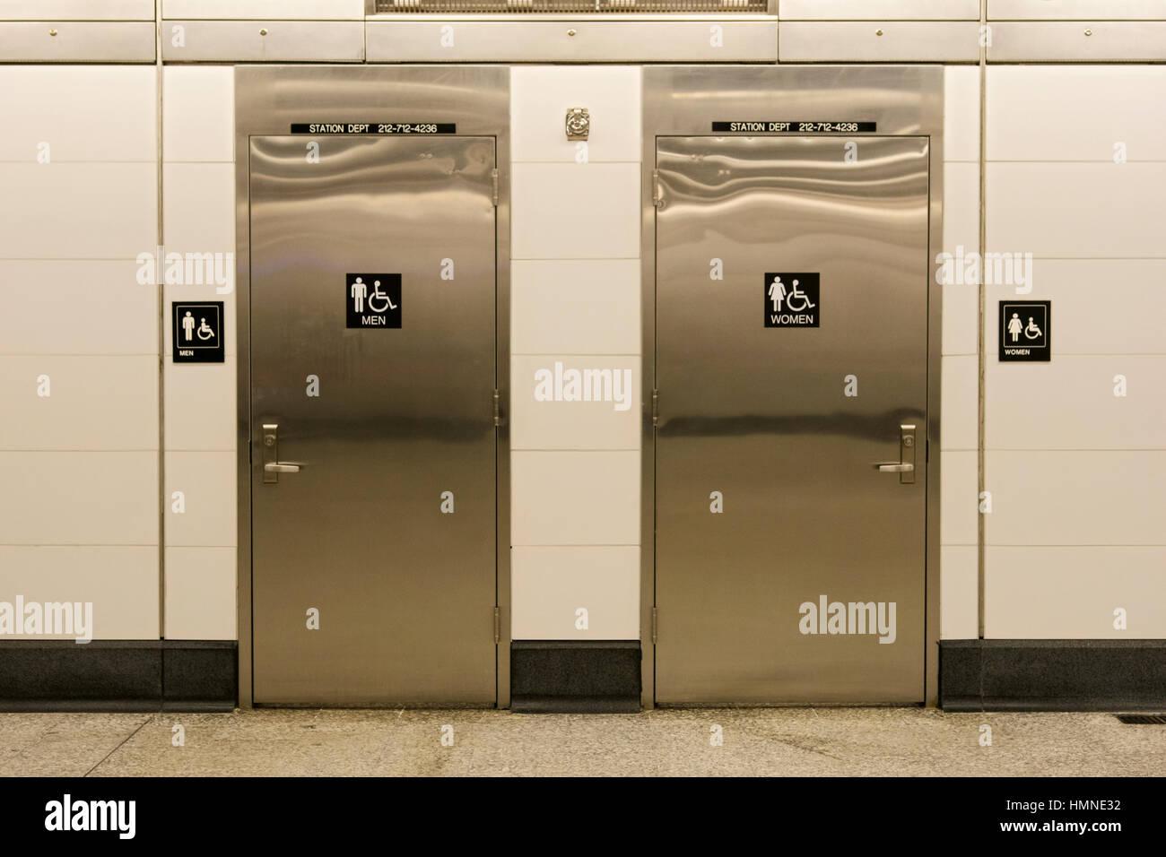 The public restrooms inside the East 86th Street subway station on the new Second Avenue line on the Upper East Side of Manhattan, New York City. Stock Photo