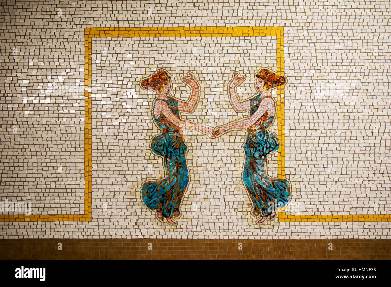 Mosaic art installation at West 66th Street Lincoln Center station on the 1 line on the Upper West Side of Manhattan, New York City. Stock Photo