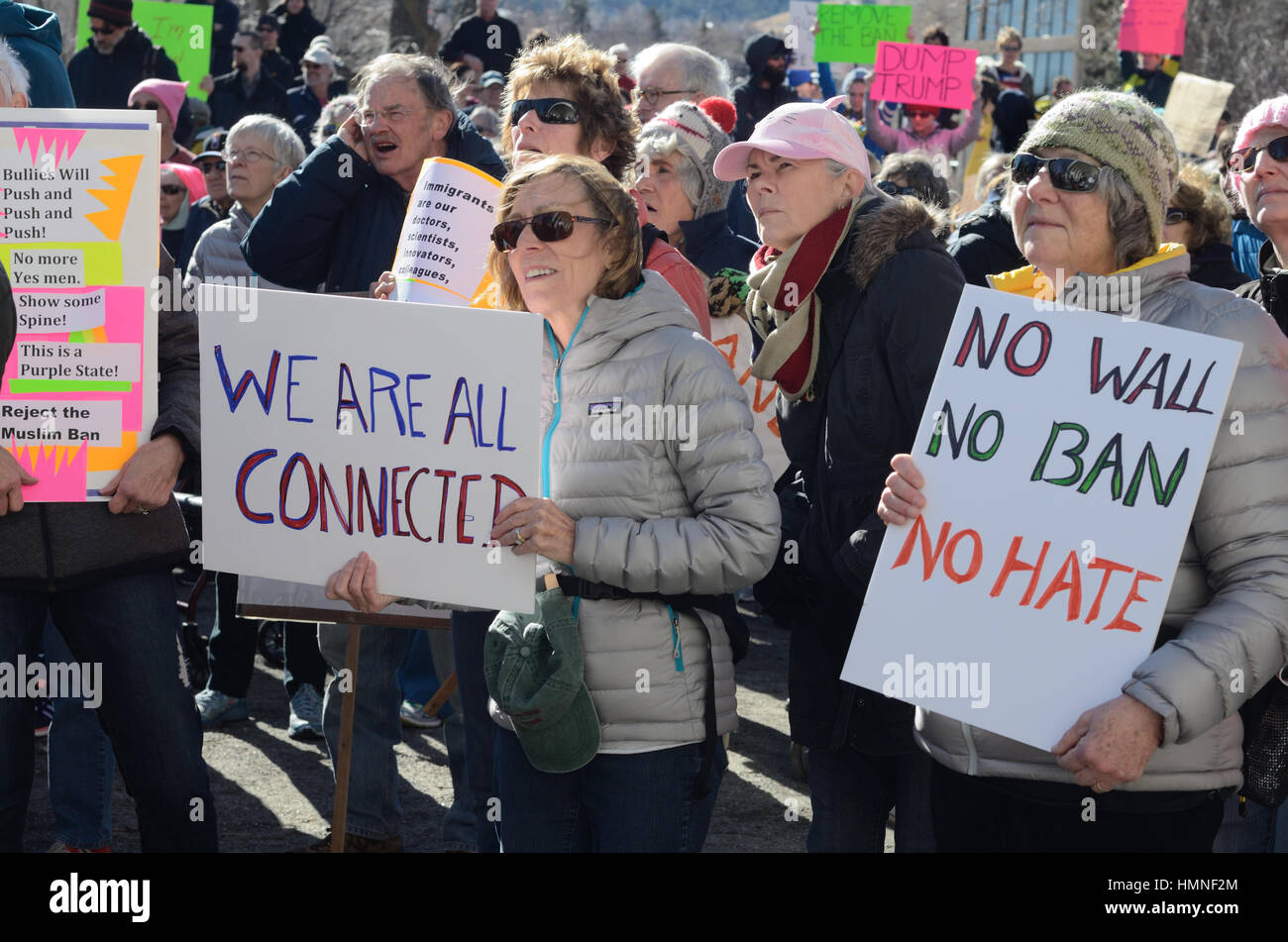 About 1,000 people demonstrated and march in Boulder, CO Feb.4, 2017 in opposition to President Donald Trump's policies Stock Photo