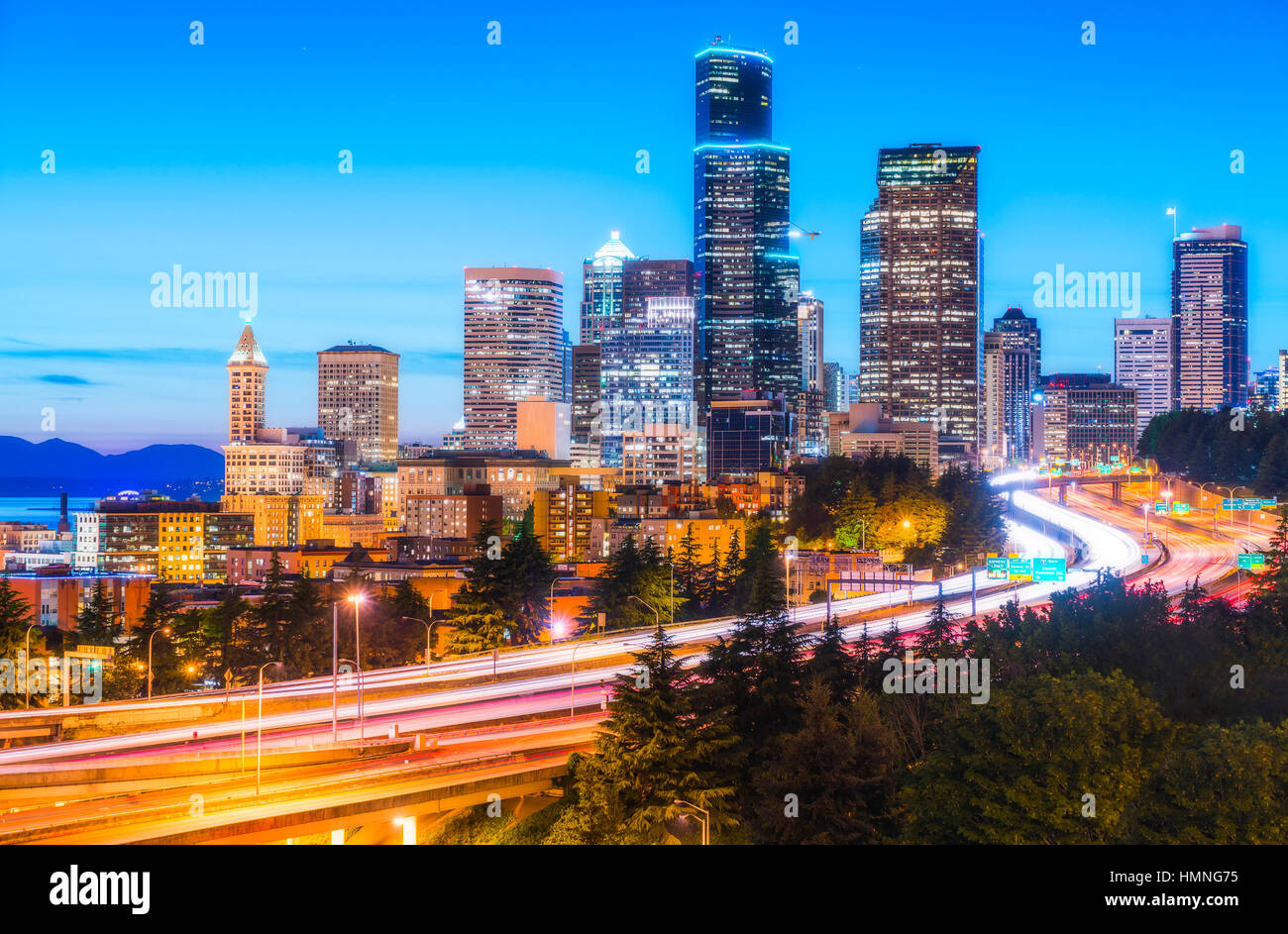 seattle cityscape  with  freeway at night,Washington,usa. Stock Photo
