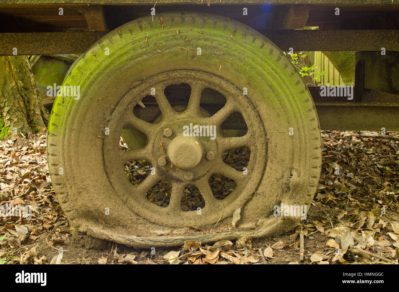 Old perished flat tyre Stock Photo