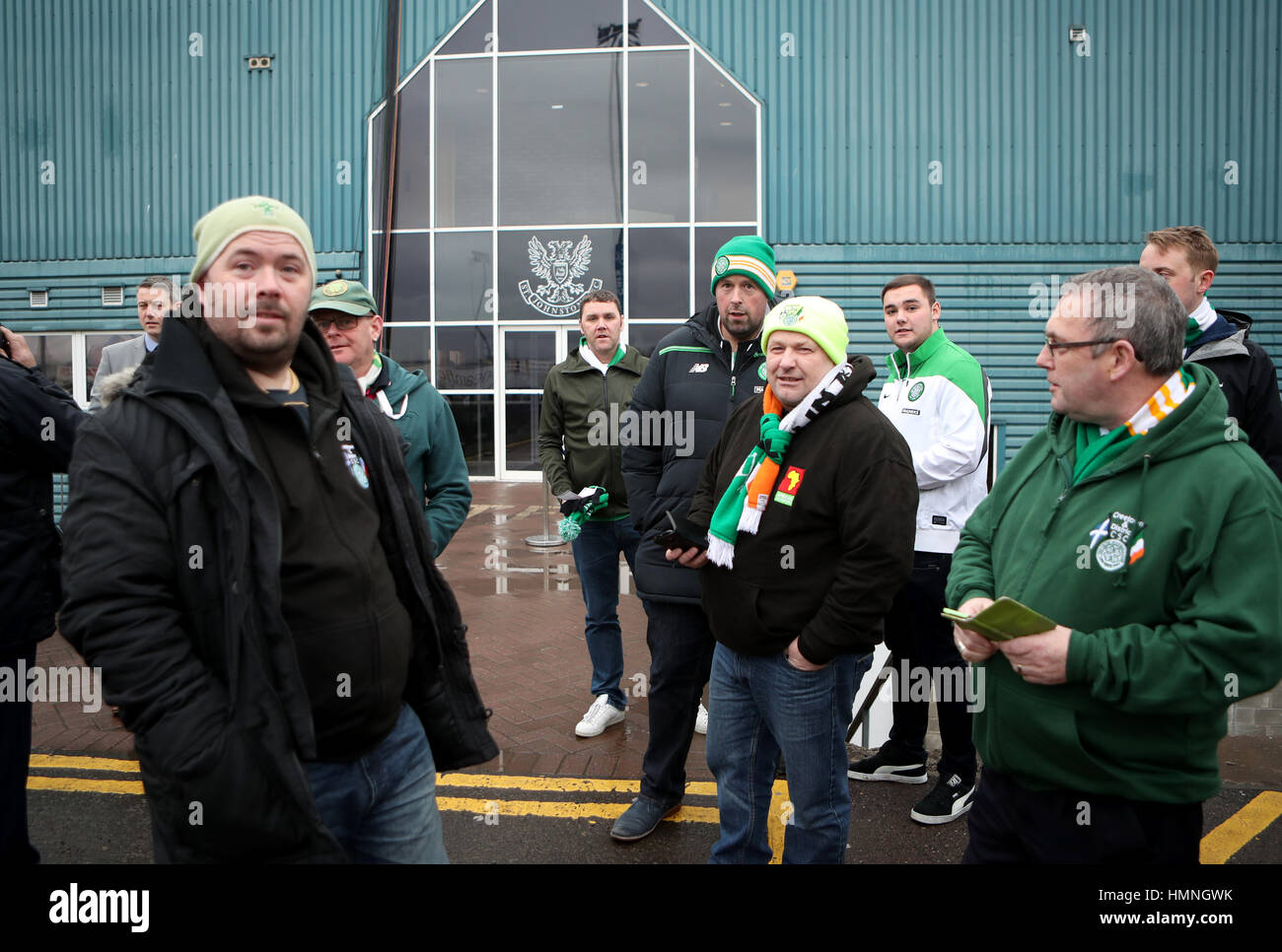 Celtic fans outside the stadium before the Ladbrokes Scottish Premiership match at McDiarmid Park, Perth. Stock Photo