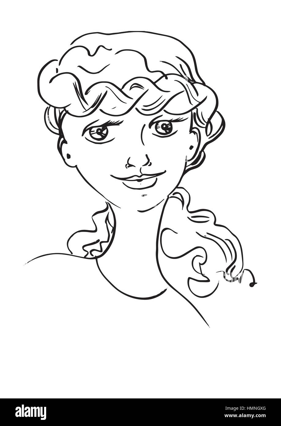 Beautiful young woman. Sketch hand-drawing contour vector graphics. Illustration for coloring. curly hair Stock Vector