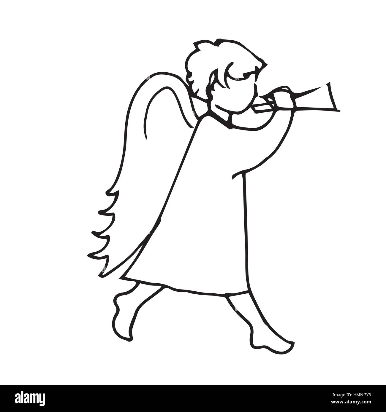 Angel cute little man to play the trumpet. Sketch hand-drawing contour vector graphics. Illustration for coloring Stock Vector