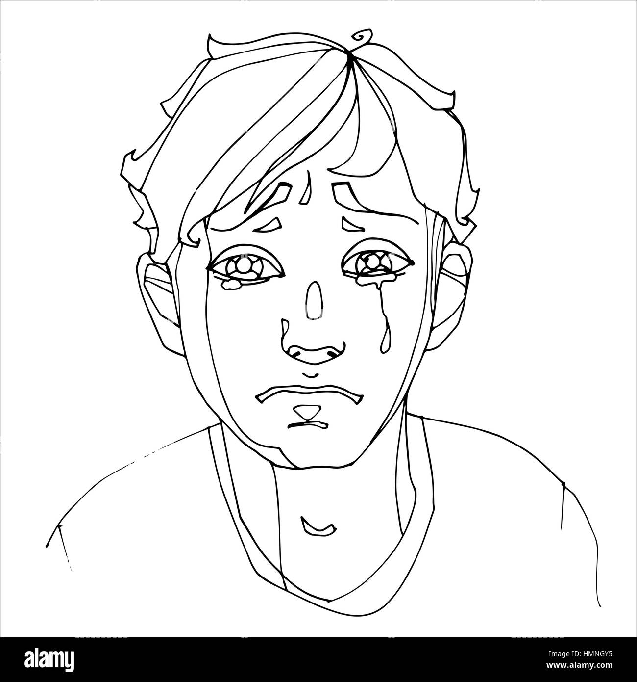 The boy crying heavily, human emotions. Sketch hand-drawing contour vector graphics. Illustration for coloring Stock Vector