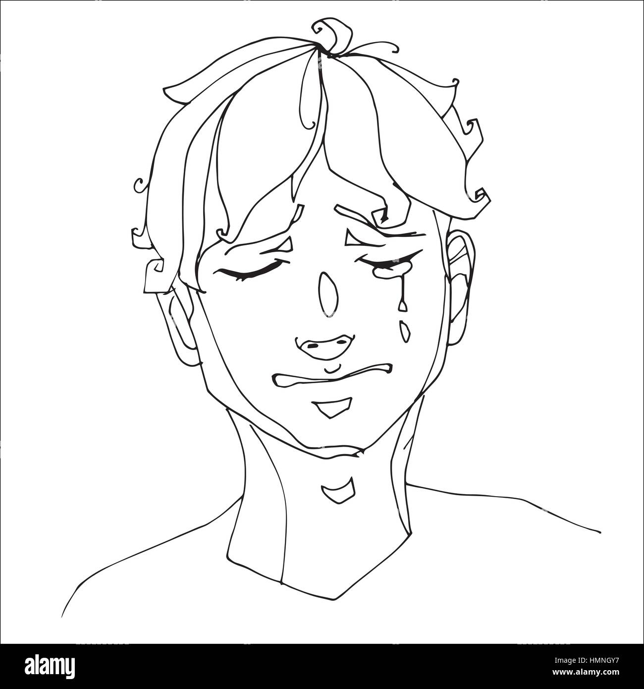 The boy crying heavily, human emotions. Sketch hand-drawing contour vector graphics. Illustration for coloring Stock Vector