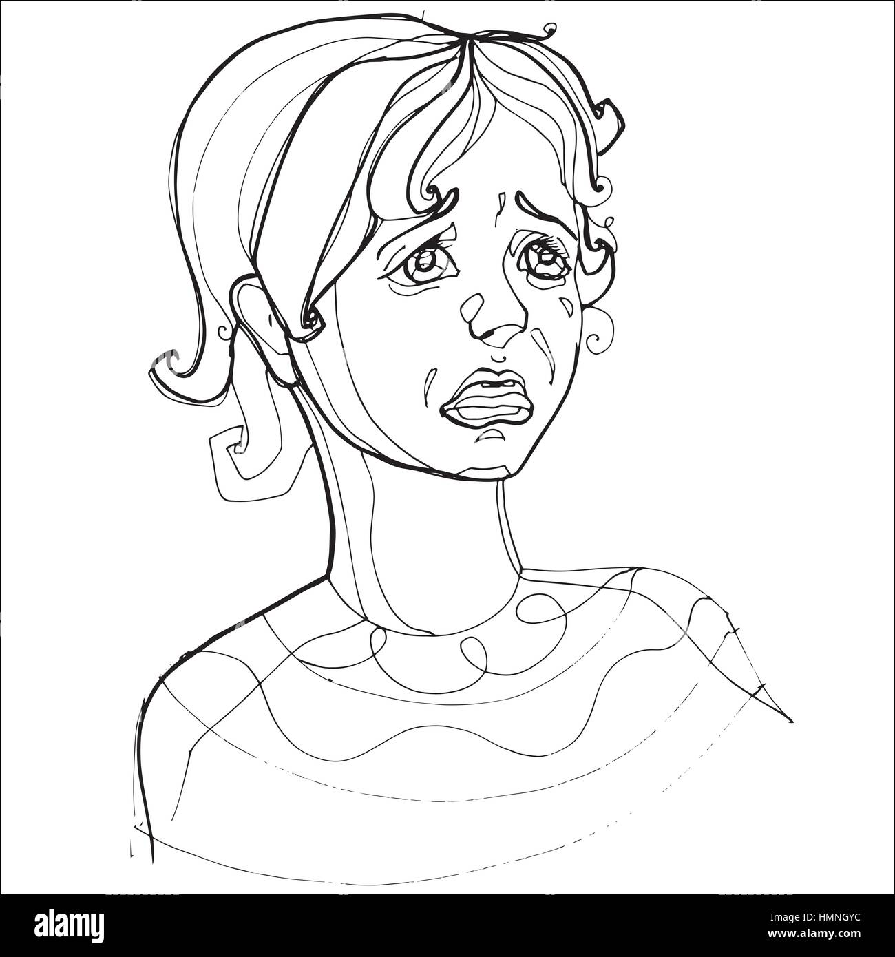 Young girl severely crying, human emotions. Sketch hand-drawing contour vector graphics. Illustration for coloring Stock Vector
