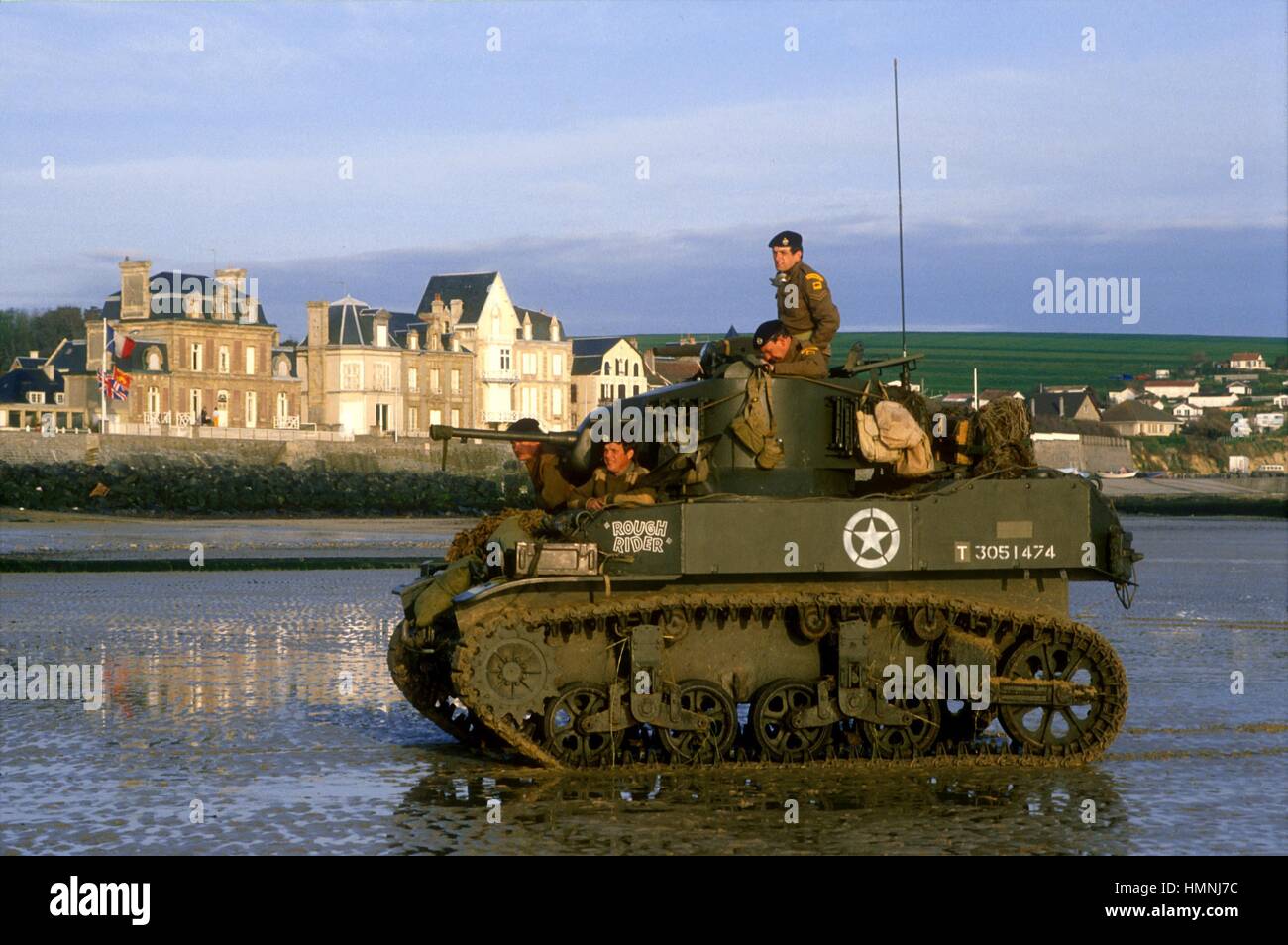 Normandy (France), war veterans and collectors of vintage military vehicles participate the yearly ceremonies for the commemoration of the allied landing of June 1944, U.S. M5 Stuart tank Stock Photo