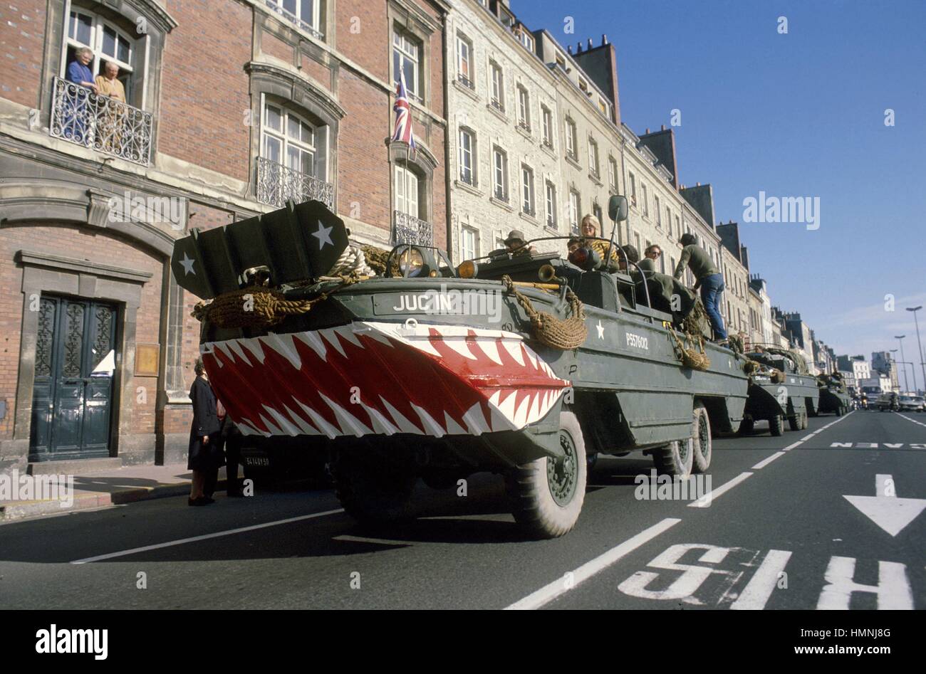 Normandy, war veterans and collectors of vintage military vehicles participate the yearly ceremonies for the commemoration of the allied landing of June 1944, DUKW  amphibious truck Stock Photo