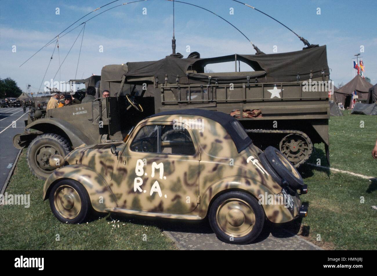 Normandy (France), war veterans and collectors of vintage military vehicles participate the yearly ceremonies for the commemoration of the allied landing of June 1944; Fiat Topolino as used by French partisans (rebuilt by a vintage photo) Stock Photo