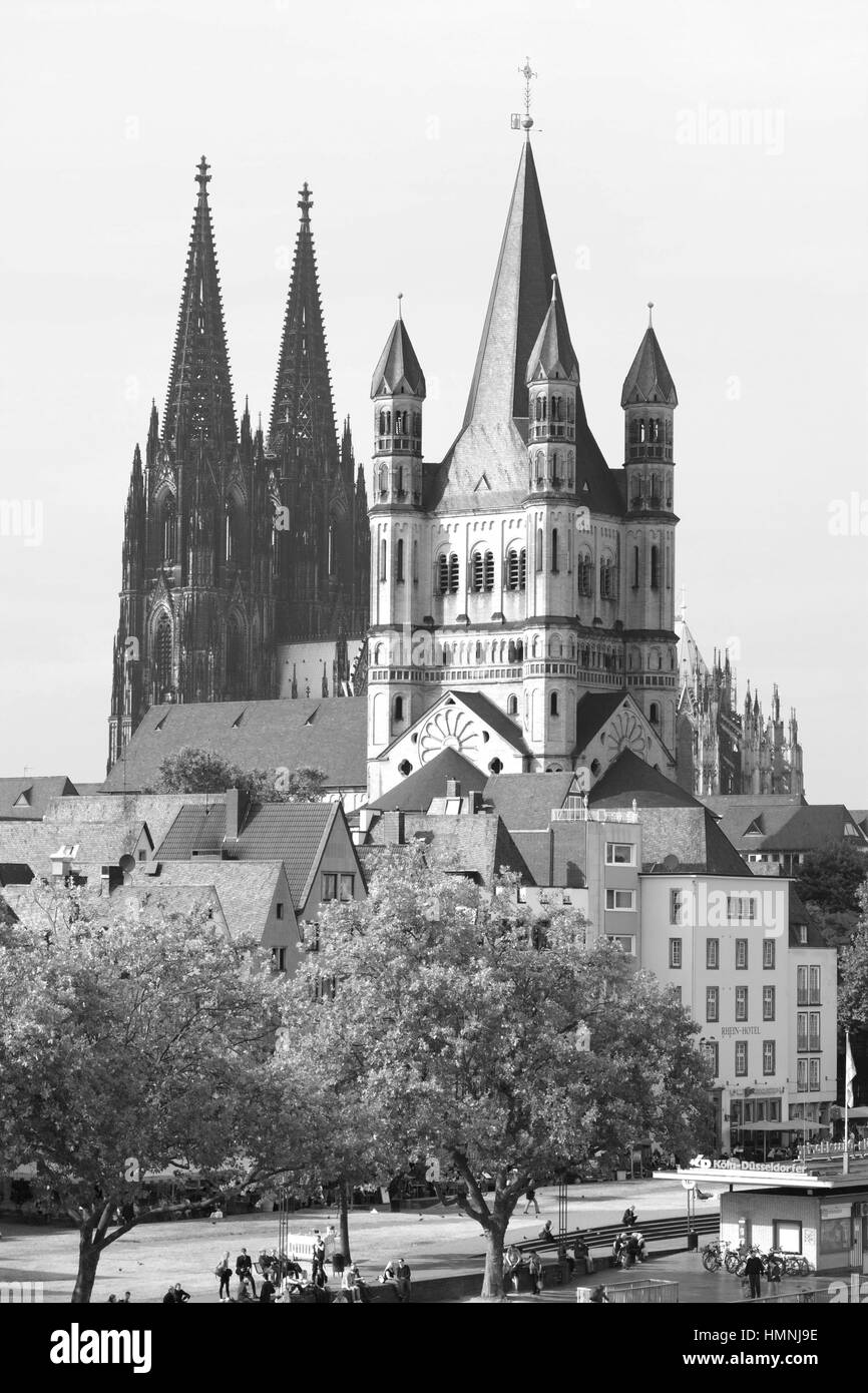 Great Saint Martin Church (Groß St. Martin Kirche) & Cologne Cathedral (Kölner Dom) Stock Photo