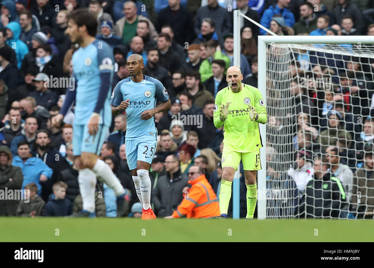Manchester City goalkeeper Willy Caballero reacts after conceding a goal during the Premier League match at the Etihad Stadium, Manchester. Stock Photo