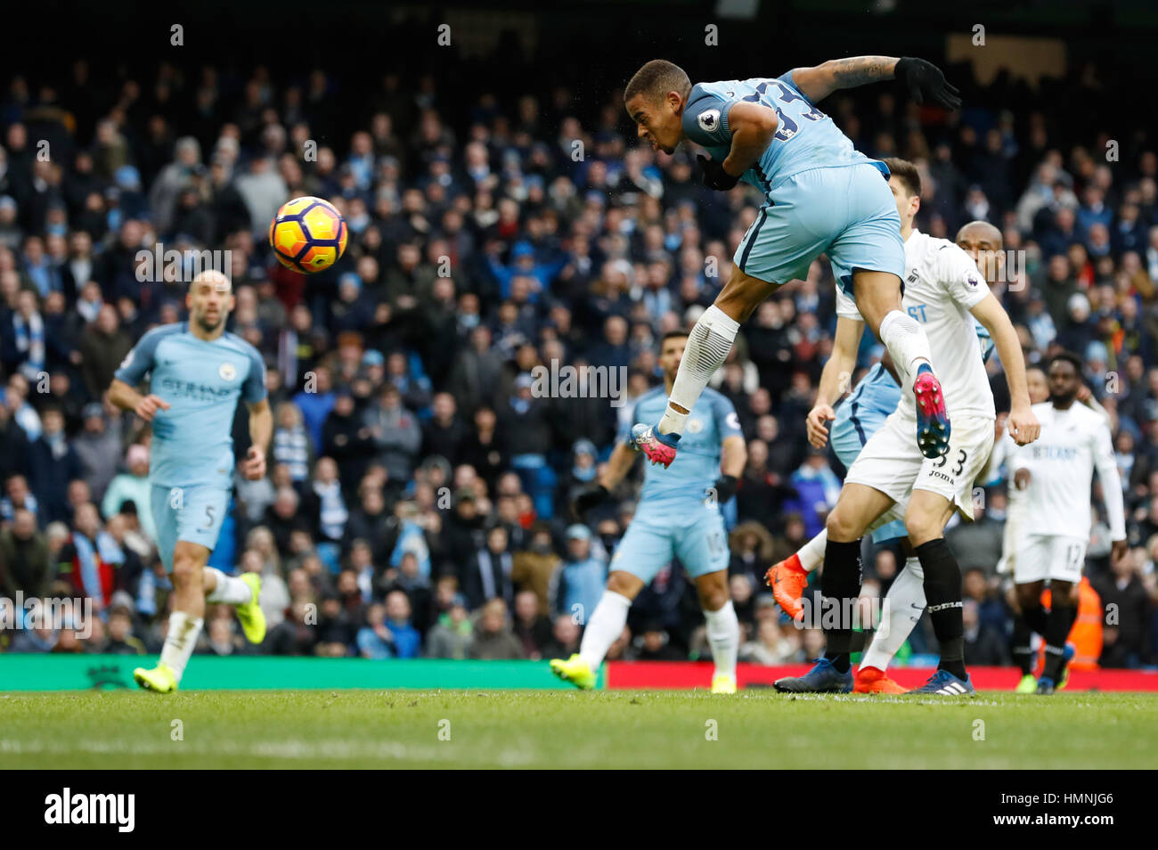 Manchester City's Gabriel Jesus headers moments before scoring his sides second goal during the