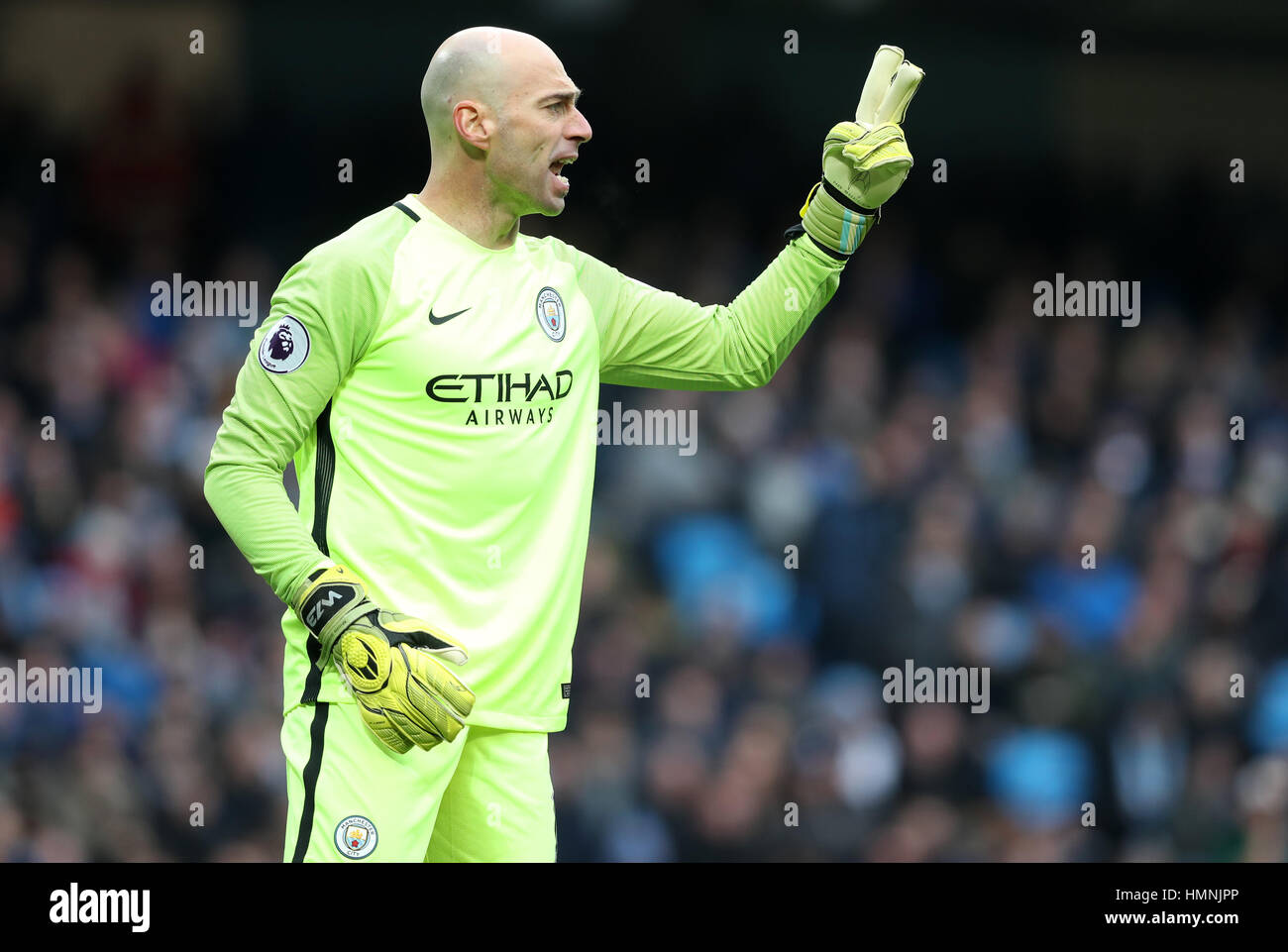 Manchester City goalkeeper Willy Caballero during the Premier League match at the Etihad Stadium, Manchester. Stock Photo