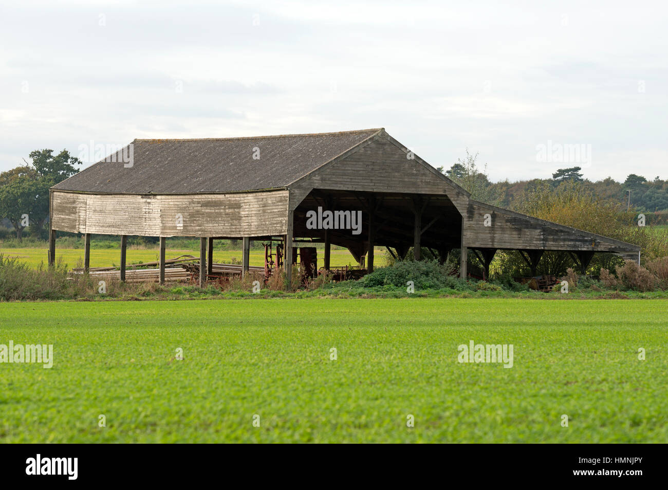 Traditional wooden Dutch barn with corrugated asbestos roof, Ramsholt, Suffolk, UK. Stock Photo