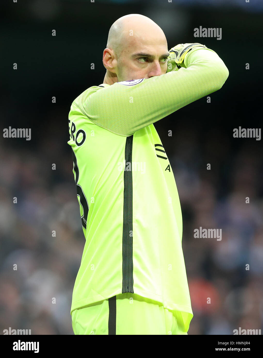 Manchester City goalkeeper Willy Caballero during the Premier League match at the Etihad Stadium, Manchester. Stock Photo