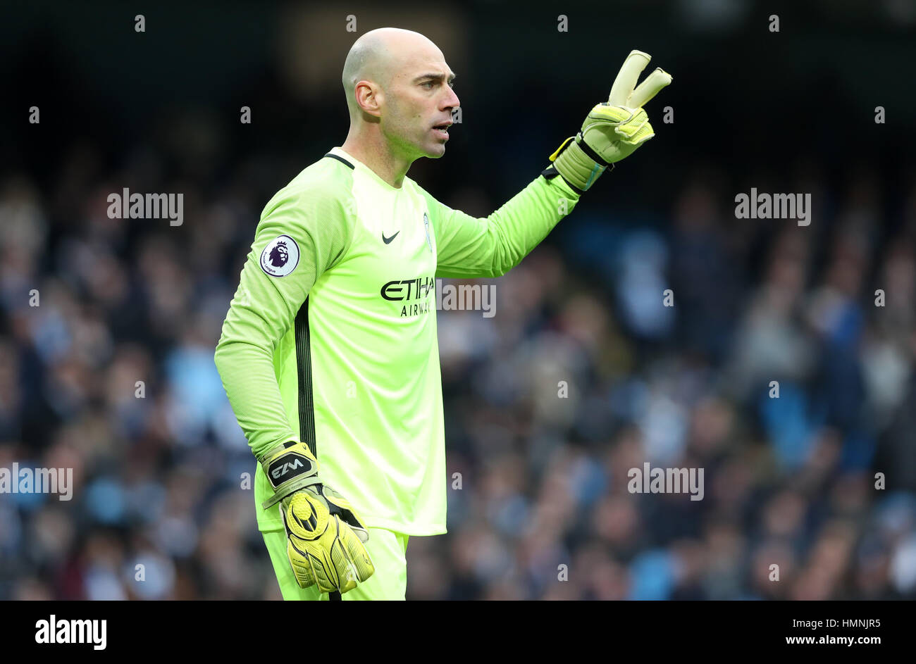 Manchester City goalkeeper Willy Caballero during the Premier League match at the Etihad Stadium, Manchester. Stock Photo