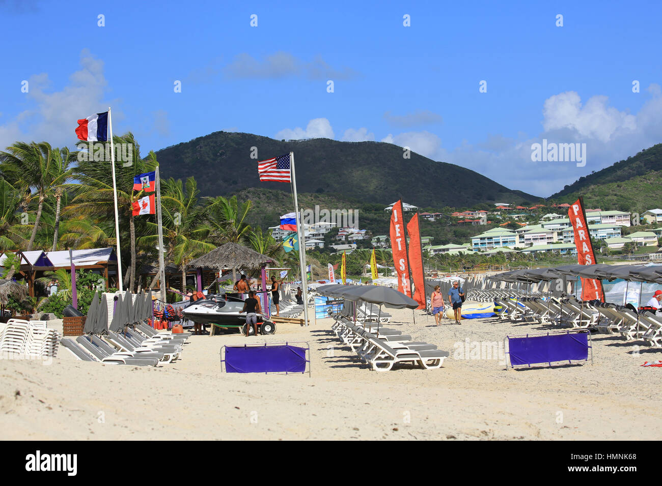 Orient Bay on the French side of the Franco/Dutch Island of St.Martin is a thriving hub for water sports, including Kite Surfing & Flyboarding. Stock Photo