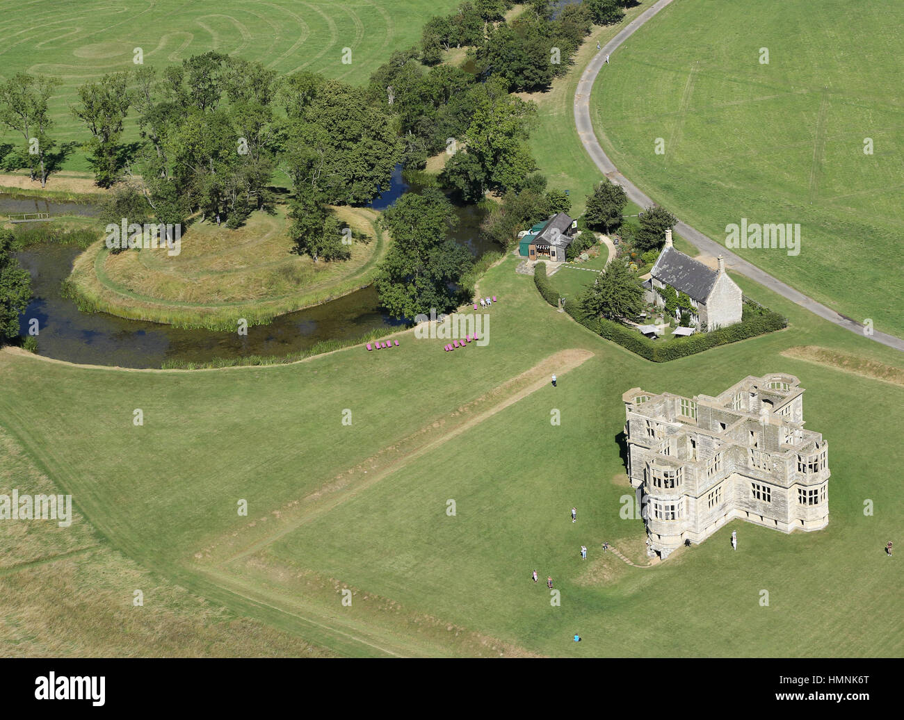 Spectacular aerial views of the National Trust property of Lyveden New Bield in Northamptonshire, U.K. Stock Photo
