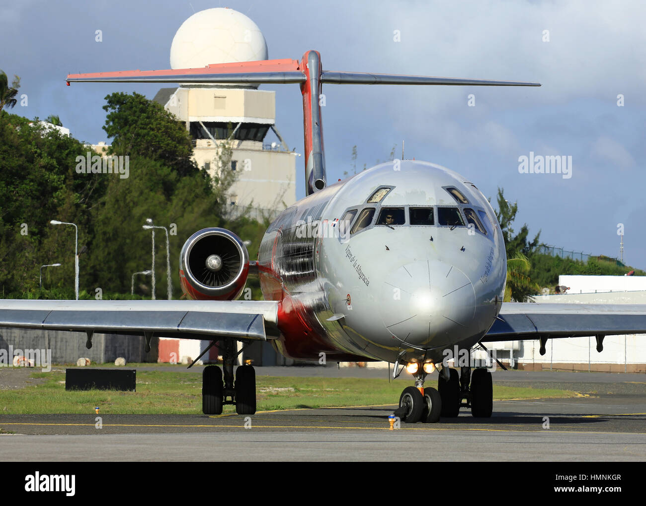 Aircraft taxiing to depart from the famous SXM, Princess Juliana Airport, St. Maarten Stock Photo