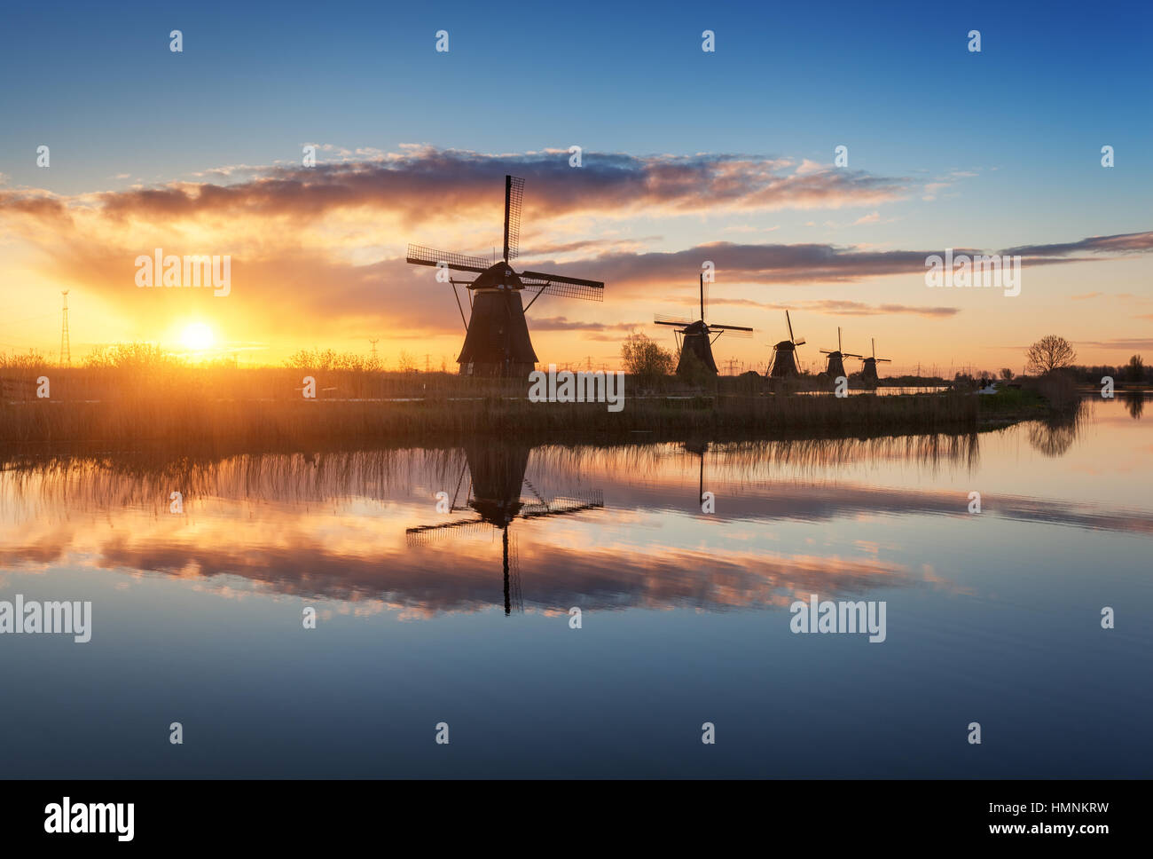 Silhouette of windmills. Rustic landscape with traditional dutch ...
