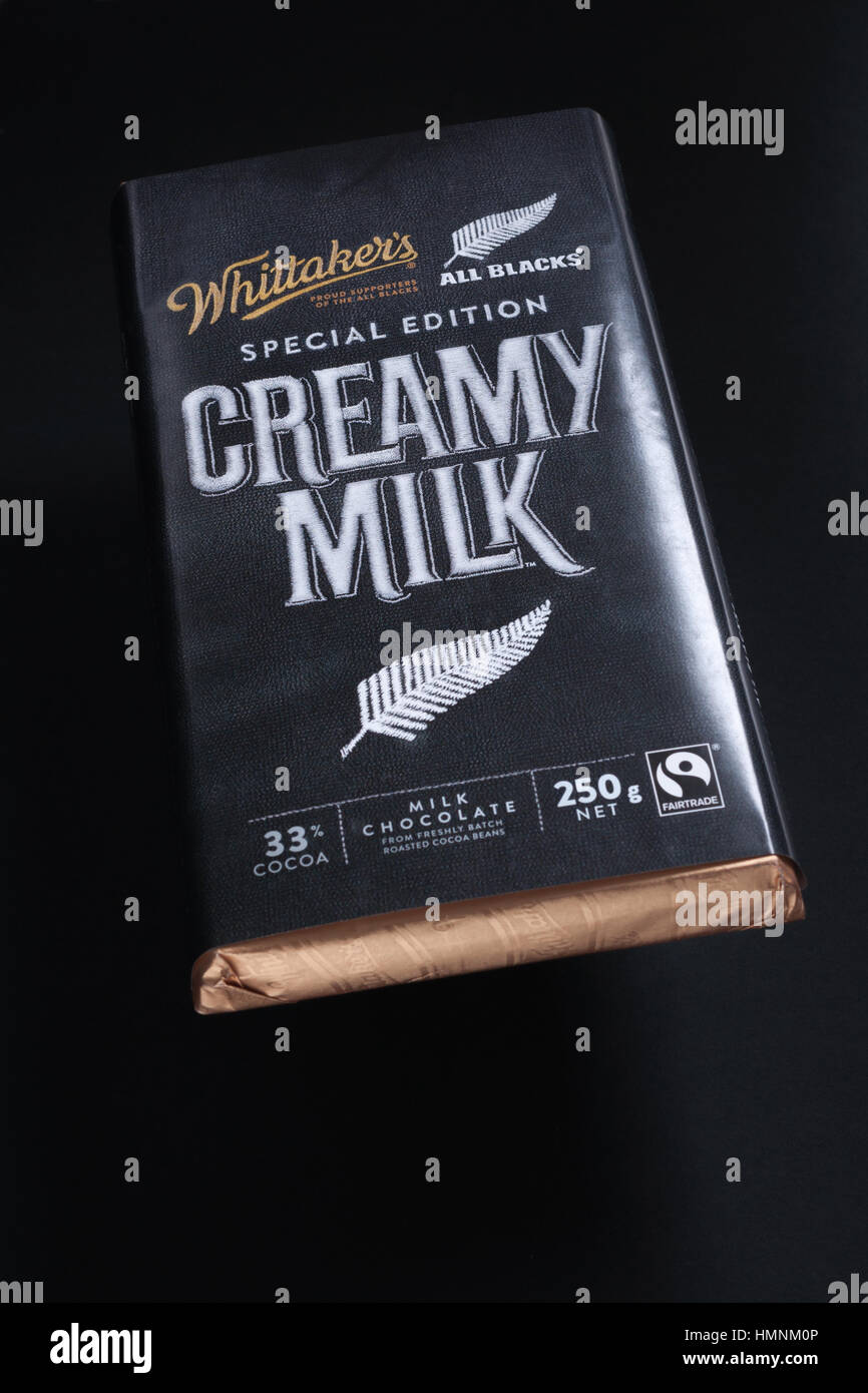 Whittaker's of New Zealand special edition All Blacks chocolate bar made to support the All Blacks rugby team Stock Photo