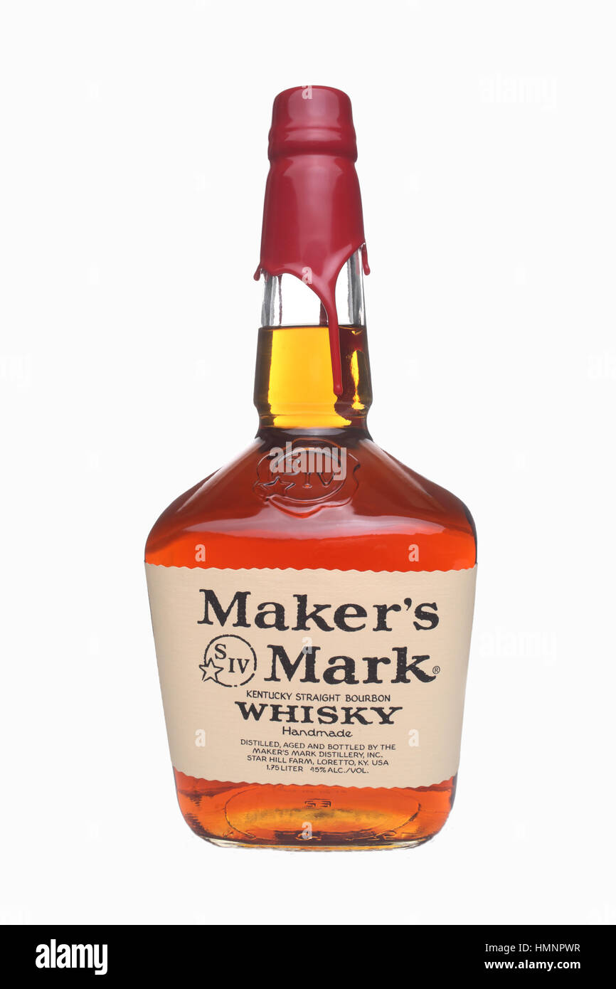 A bottle of Maker's Mark Whisky on white background Stock Photo