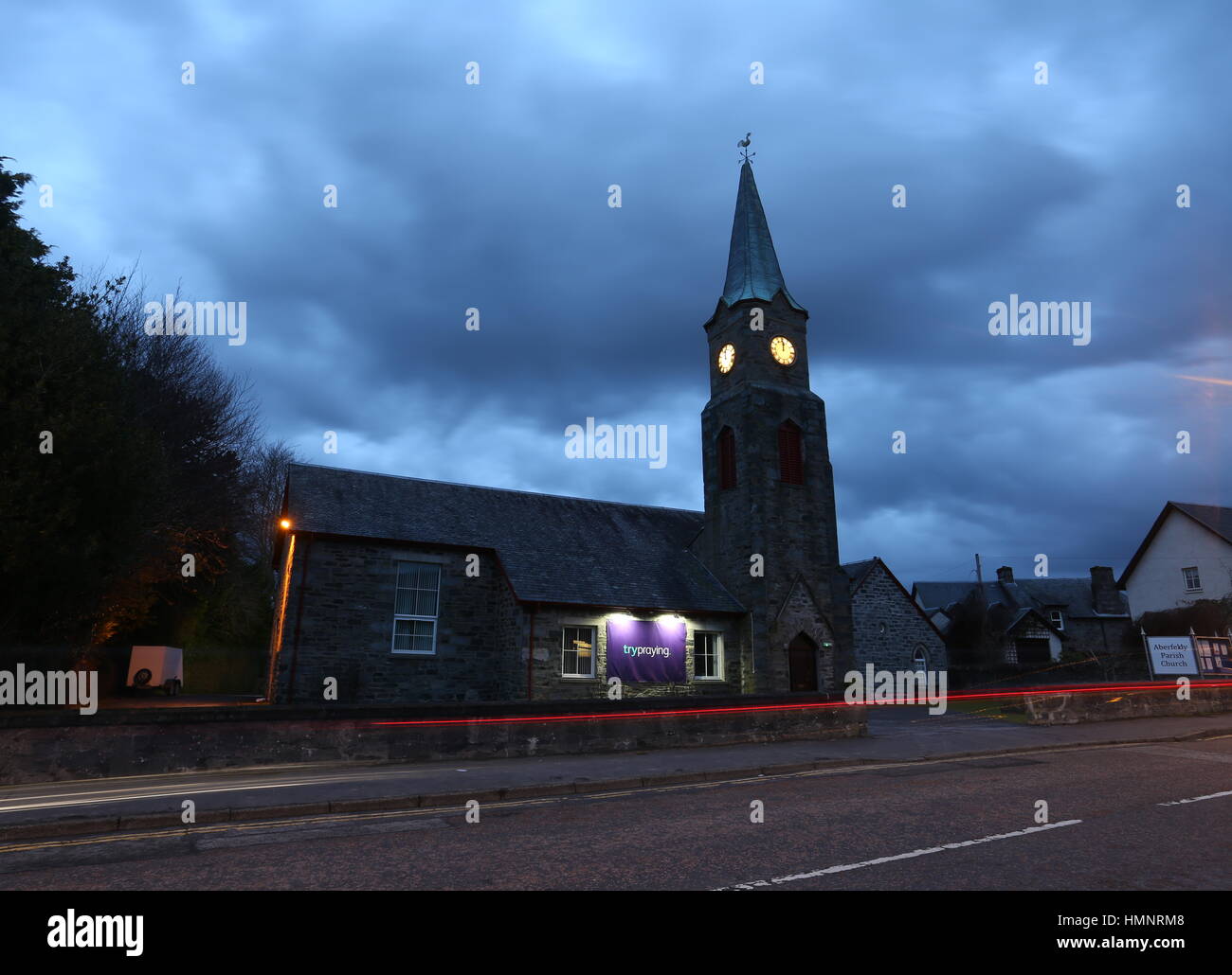 Aberfeldy Parish Church at dusk Aberfeldy Perthshire Scotland February 2017 Stock Photo