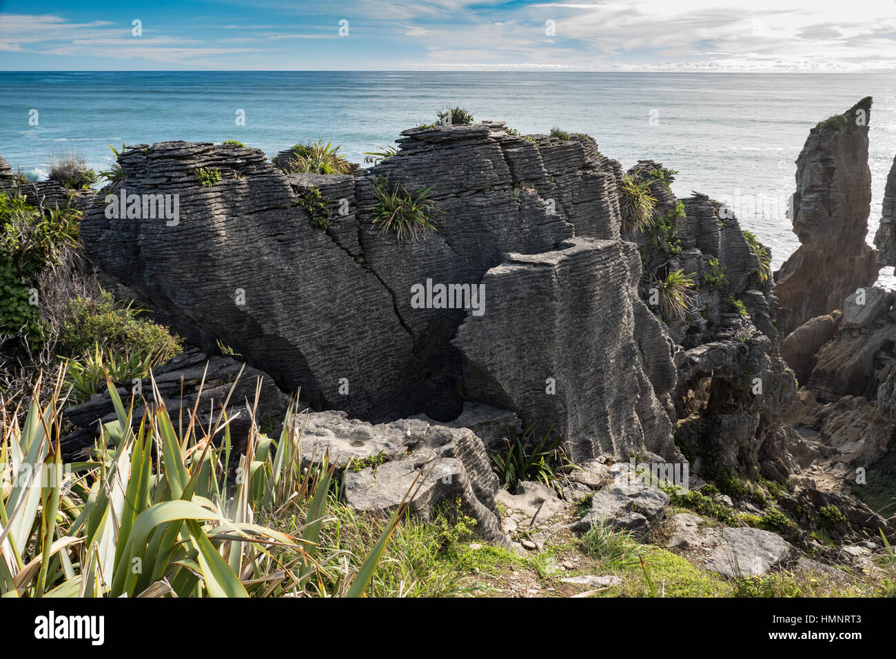 Punakaiki Pancake Rocks, Dolomite Point, South Island, New Zealand. Stock Photo