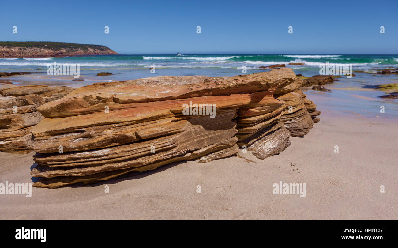 Beautiful eroded orange rocks at Stokes Bay, Kangaroo Island, Australia Stock Photo