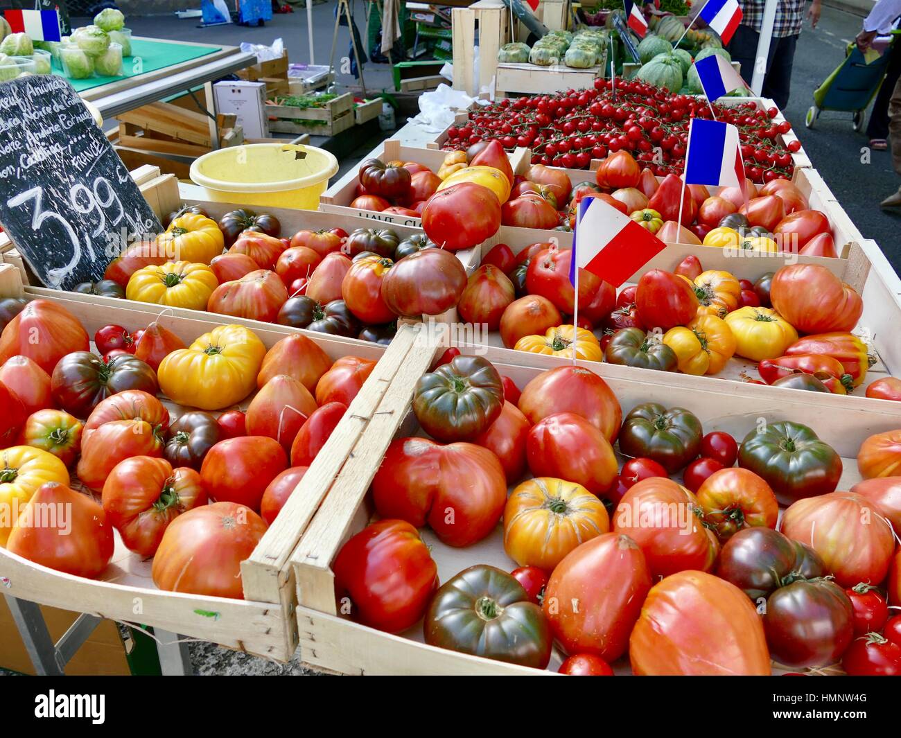Colorful French tomatoes for Sale, Open Air Market, Toulouse, France Stock Photo