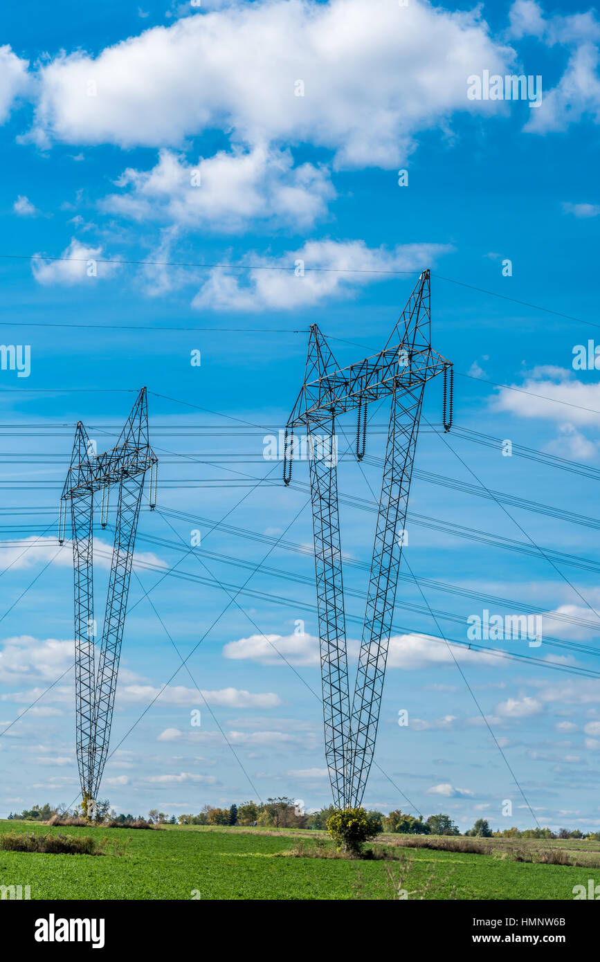 High voltage lines and power pylons in a flat and green agricultural ...