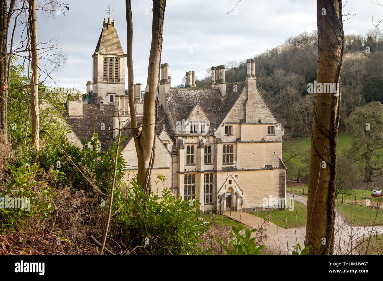 Woodchester Mansion is an unfinished, Gothic revival mansion house in Woodchester Park near Nympsfield in Woodchester, Gloucestershire, England. Stock Photo