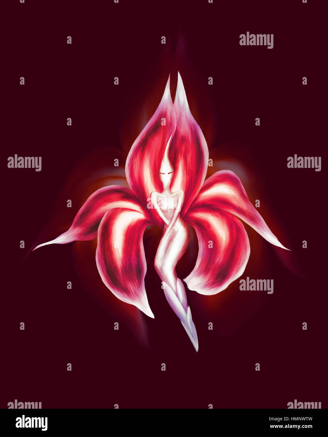 Artistic abstract illustration of a beautiful dancing lady exotic red flower fairy isolated on burgundy background Stock Photo