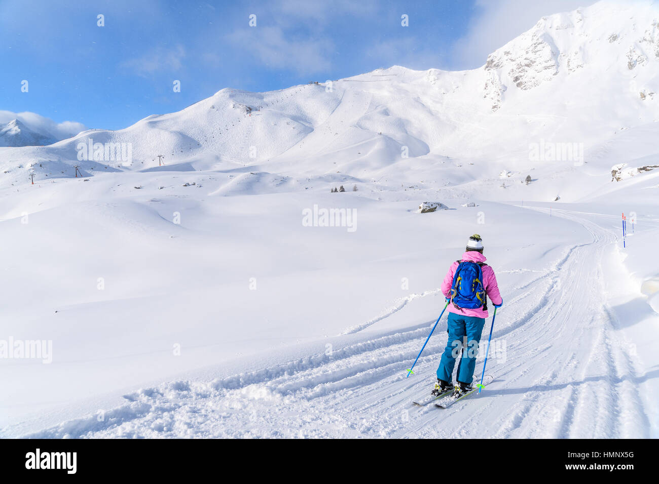 Young woman skiing on ski slope in Obertauern, Austria Stock Photo