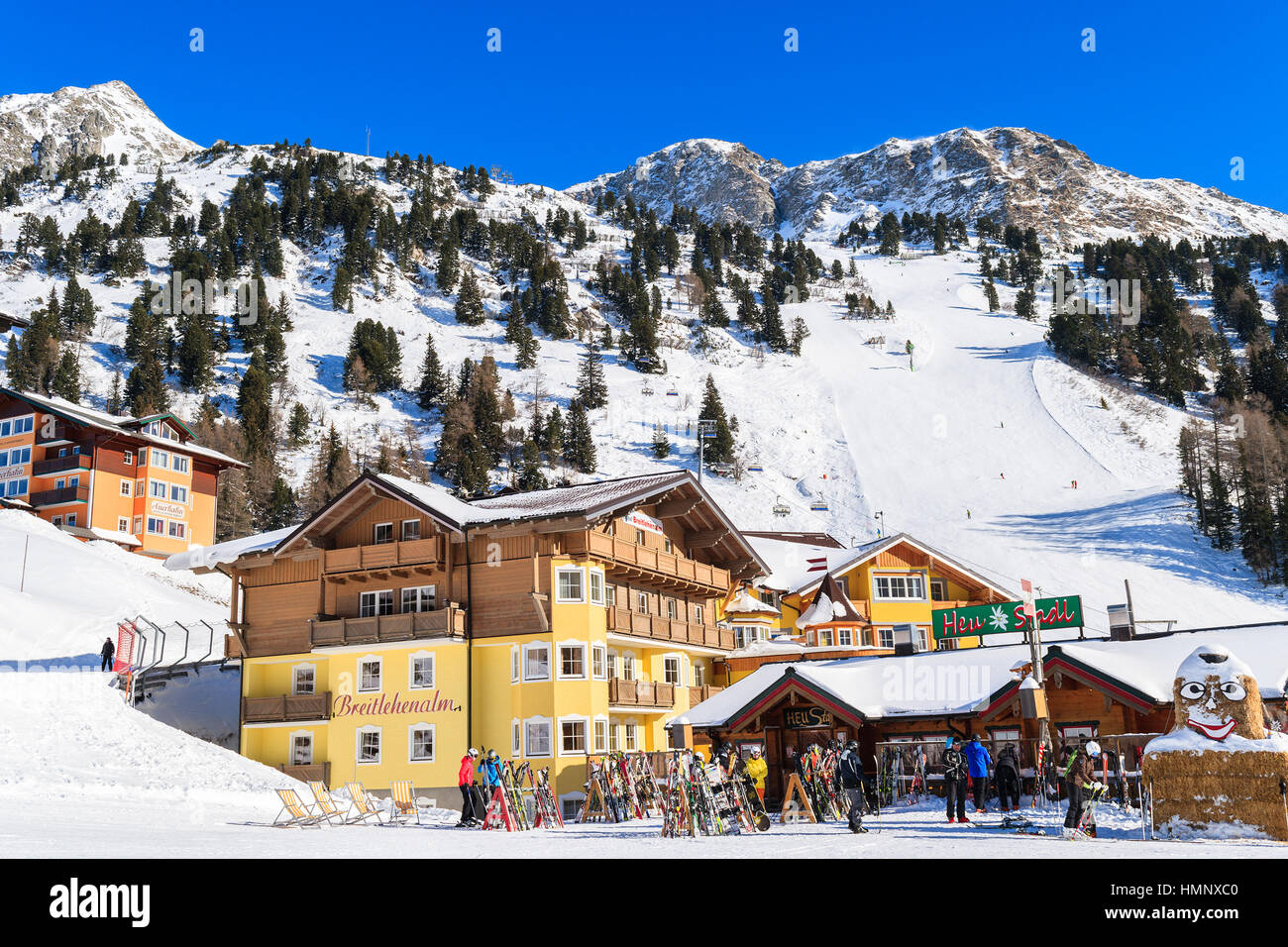 OBERTAUERN SKI RESORT, AUSTRIA - JAN 22, 2017: view of  hotels and restaurants in Obertauern ski area in Salzburg land, Austrian Alps. Stock Photo