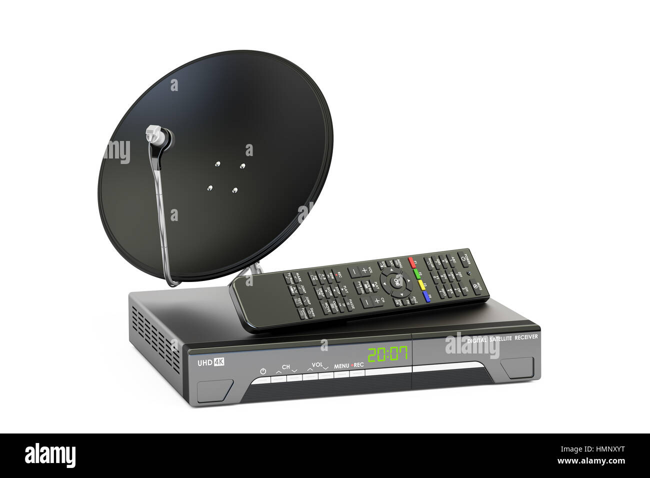 Digital satellite receiver with satellite dish, telecommunications concept. 3D rendering Stock Photo
