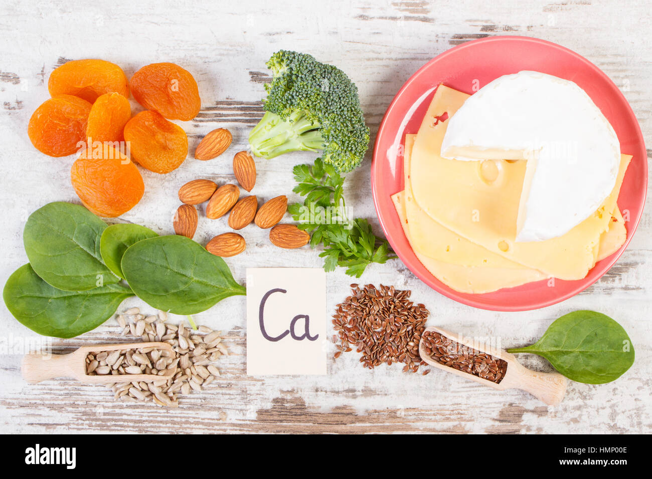 Ingredients or products containing calcium and dietary fiber, natural sources of minerals, healthy lifestyle and nutrition Stock Photo