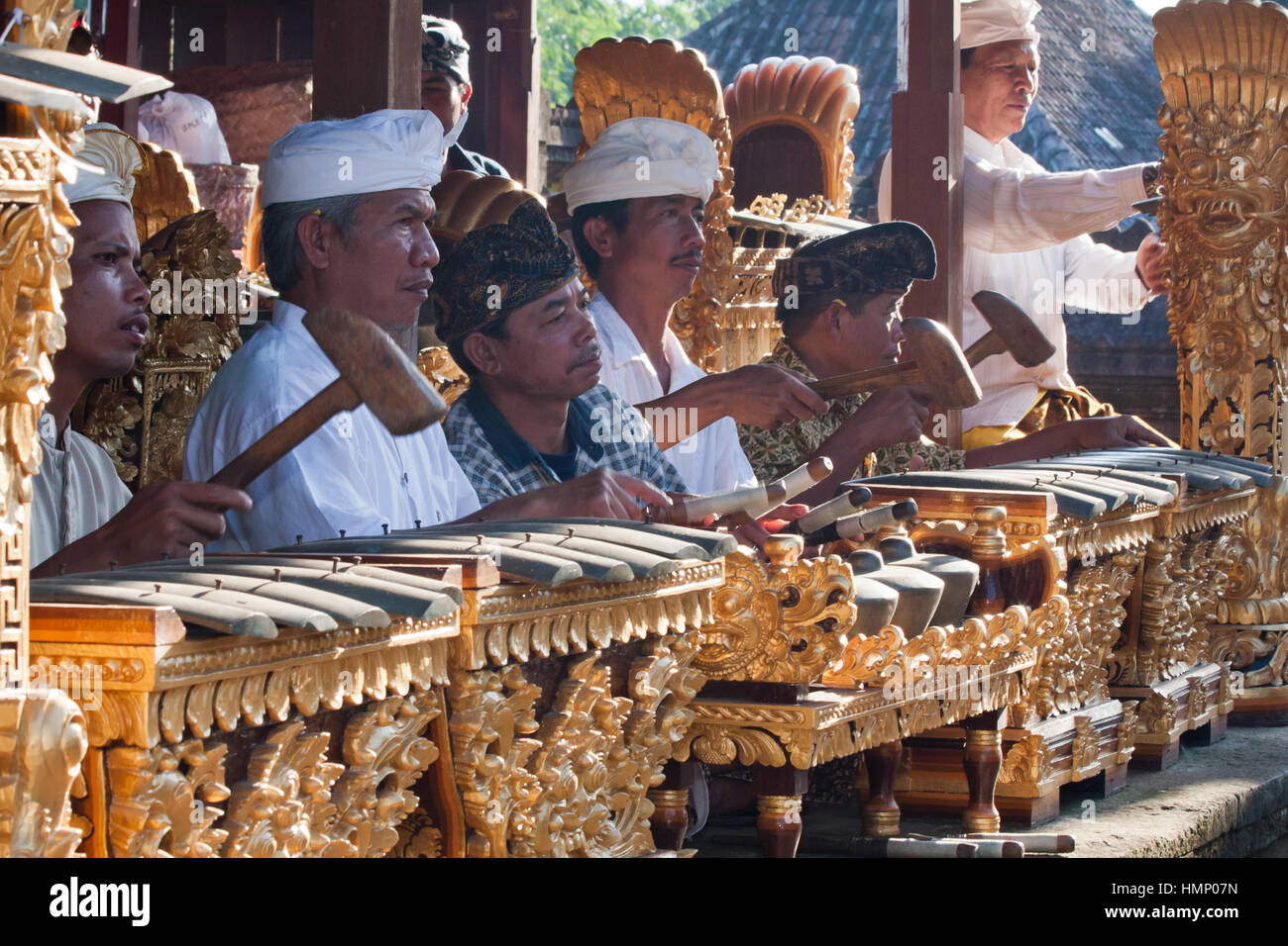 The Gamelan orchestra playing at the temple in Bali, Indonesia during the Galangun festival. Stock Photo