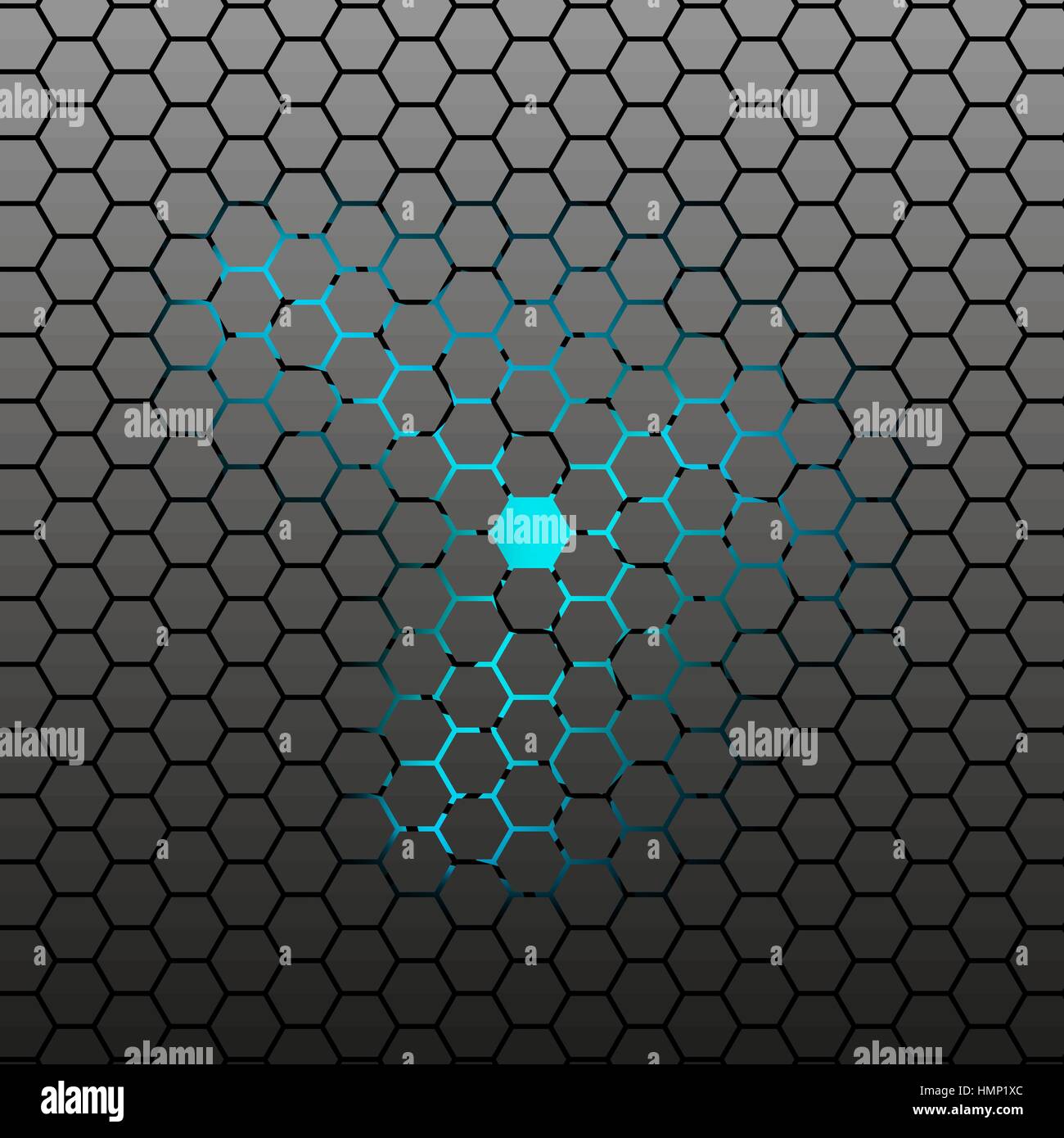 Abstract Hexagonal tile dark background with neon light. Vector ...