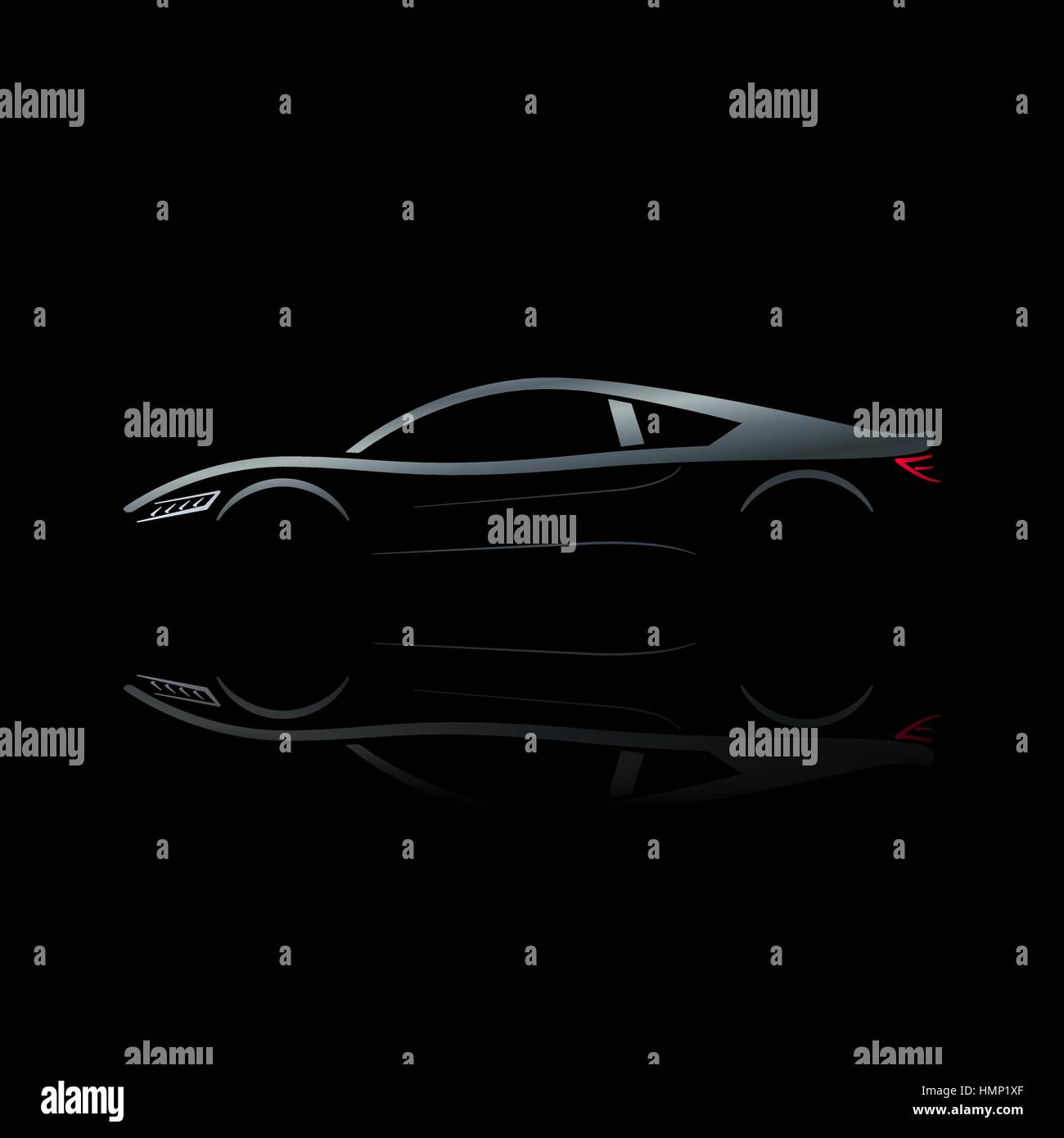 Glowing silver sport car on black background with red and white light. Stock Vector