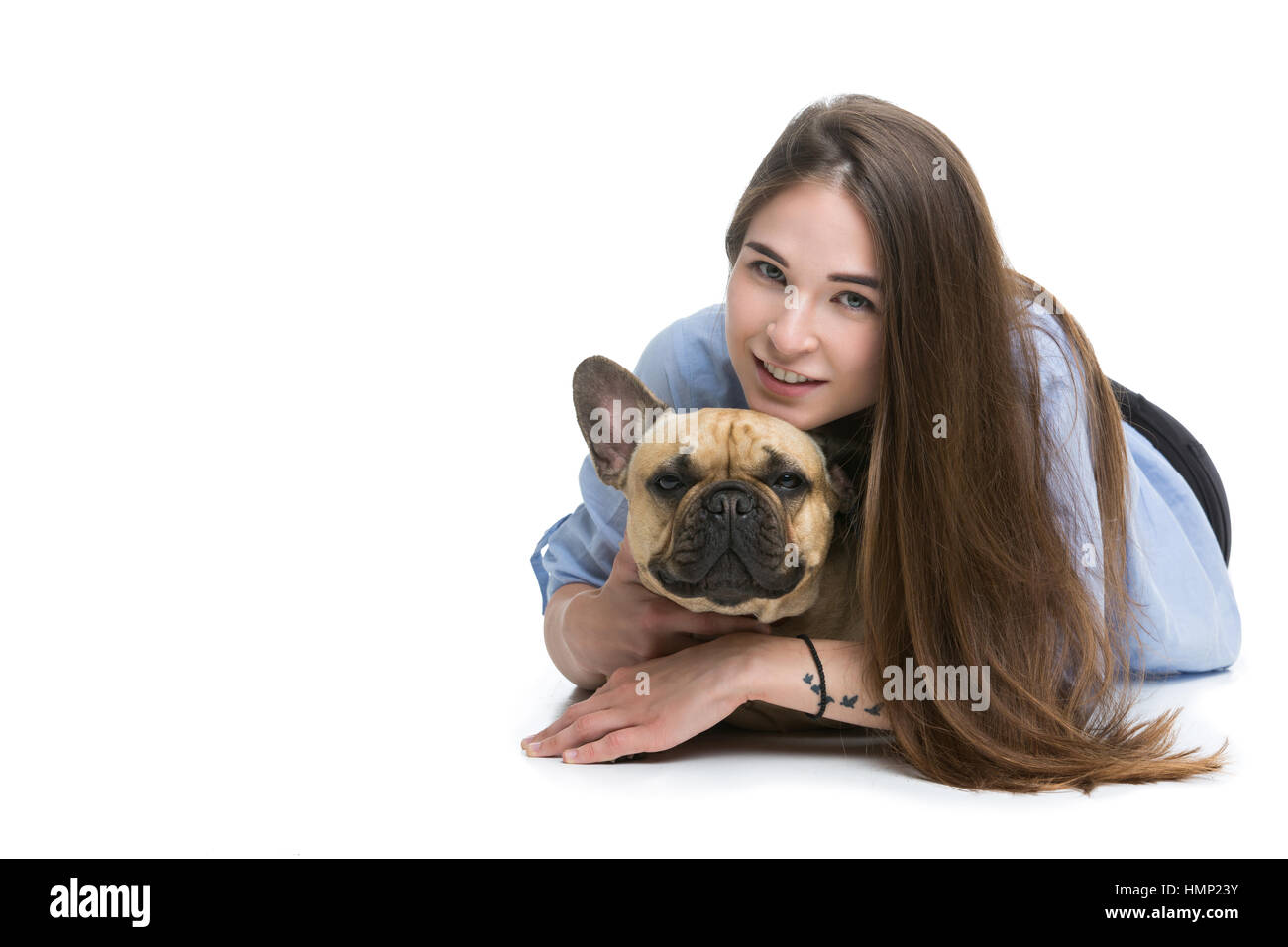 Beautiful girl with french bulldog Stock Photo