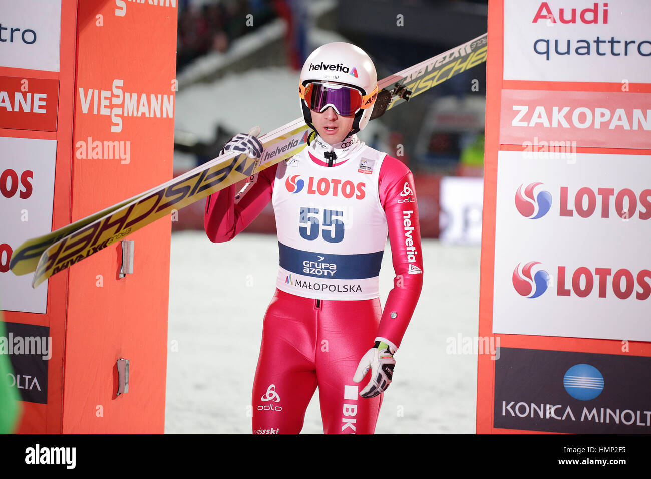 ZAKOPANE, POLAND - JANUARY 22, 2016: FIS Ski Jumping World Cup in Zakopane o/p Simon Amman SUI Stock Photo