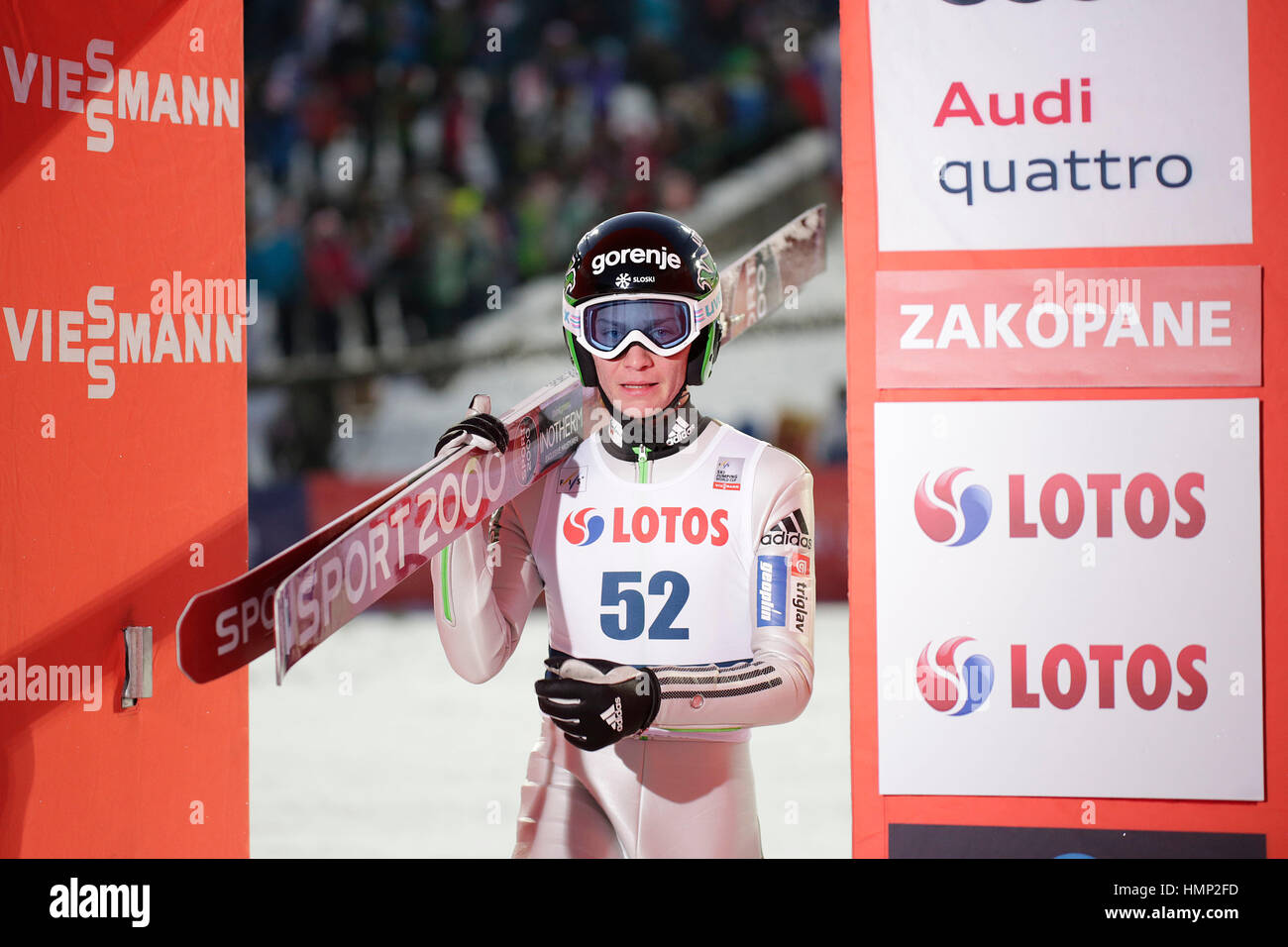 ZAKOPANE, POLAND - JANUARY 22, 2016: FIS Ski Jumping World Cup in Zakopane o/p Anze Lanisek SLO Stock Photo