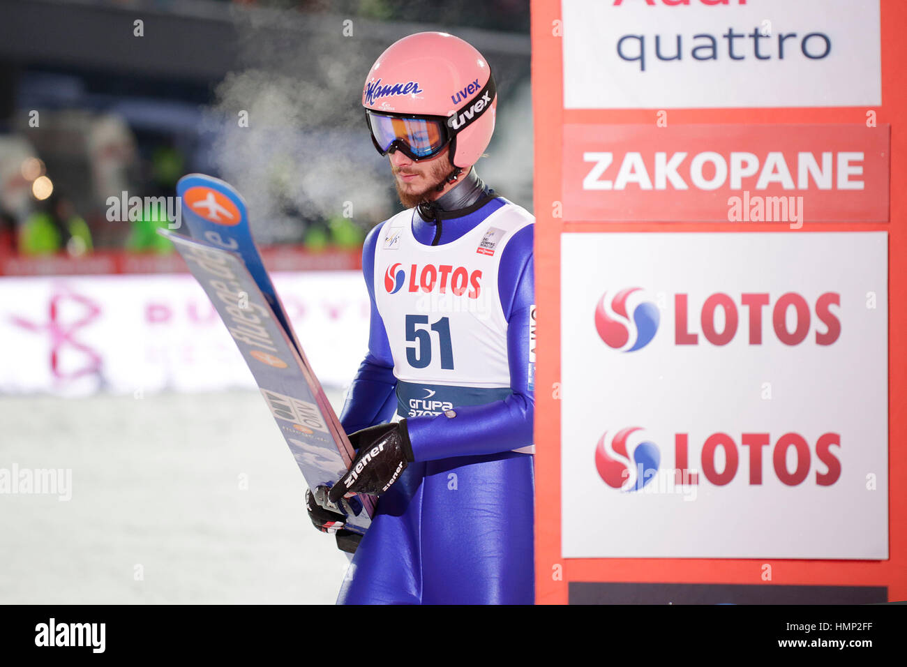 ZAKOPANE, POLAND - JANUARY 22, 2016: FIS Ski Jumping World Cup in Zakopane o/p Manuel Fettner AUT Stock Photo