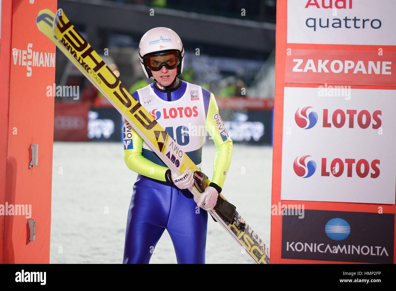 ZAKOPANE, POLAND - JANUARY 22, 2016: FIS Ski Jumping World Cup in Zakopane o/p Manuel Poppinger AUT Stock Photo