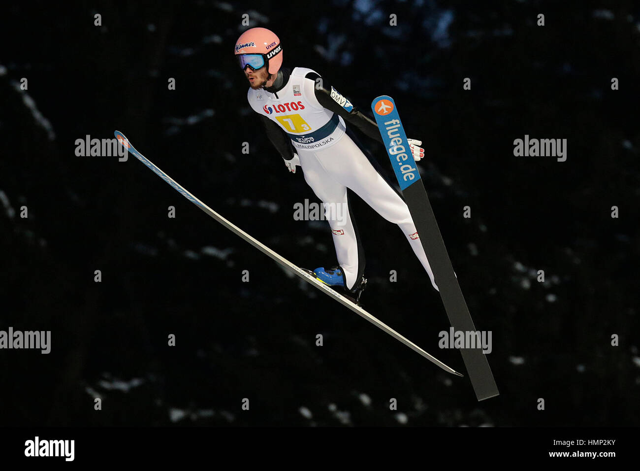 ZAKOPANE, POLAND - JANUARY 23, 2016: FIS Ski Jumping World Cup in Zakopane o/p Manuel Fettner AUT Stock Photo