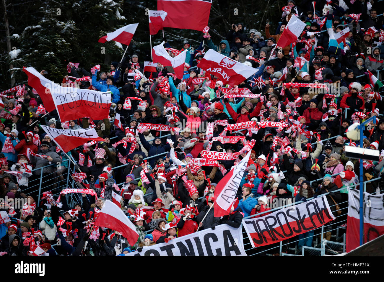 ZAKOPANE, POLAND - JANUARY 24, 2016: FIS Ski Jumping World Cup in Zakopane o/p fans Stock Photo